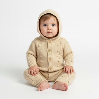 JF10-1231  Taupe Hooded Cable Knit Romper  (Nb-9 months)