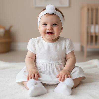 LD3570-W  White Pom Pom Bootie and Headband  (0-6m)