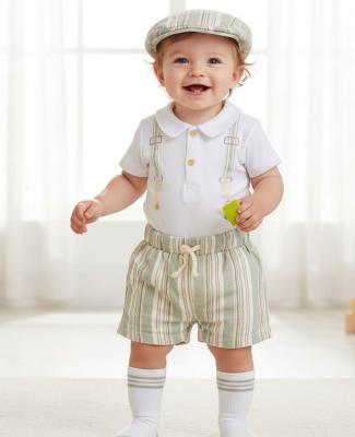 LGH13726A  Striped bodysuit, shorts, socks and cap  ( 9-24 months)