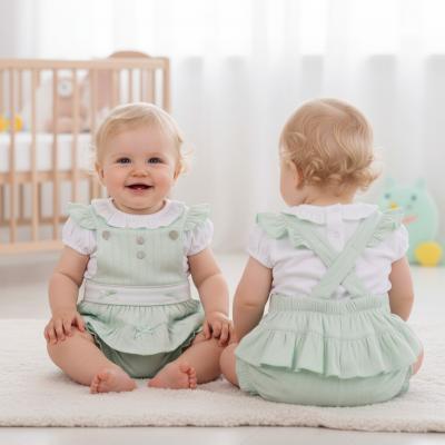 MB7069A  Pointelle Bow Frilled Back Dungaree Set (12-24 months)