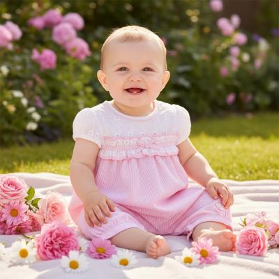 MB7169P  Striped and Broderie Anglaise Romper   (3-12 months)