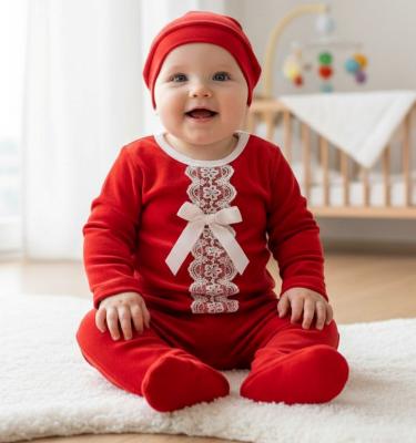 MC4042 Red Cotton Velour Lace Three Piece (0-6 months)