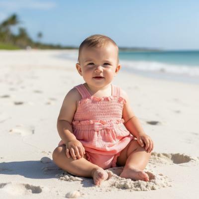 ML2120-6295-P Shirred "Bows" Muslin Romper (Newborn - 6 months)