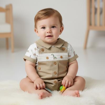 ML2120-6323-T  Smocked "Dinosaur" Linen Dungaree Set  (NB-6m)