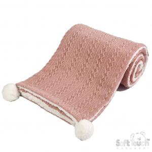 STFBP188-RO  Rose Cable Knit Wrap with Poms and Sherpa 