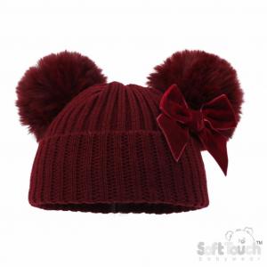 STH678-Bu Burgundy Velvet ribbon Pom Pom Hat (Nb-12 months)