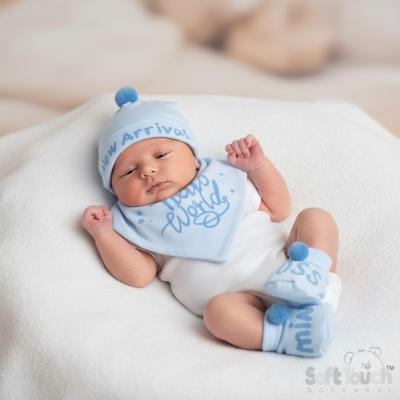 STHBB254-B  Organza gift Hat & Bootee Pom Pom Set (NB - 3m)