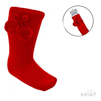 STS355-R  Elegance Red Pom pom Sock  (0-24 months)