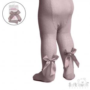 STT120-DP  Dusky Pink Jaquard Tights with Long Bow  (NB to 24m)