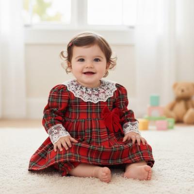 TLK2161  Red Tartan Laced Bow Dress Set  (0-24 months)