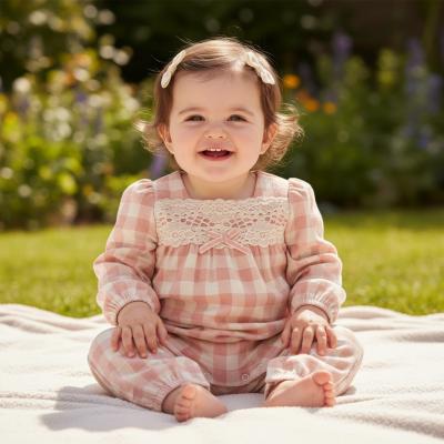 TO5773P  Cotton Lightweight Checked and Lace Romper  ( 0-9 months)